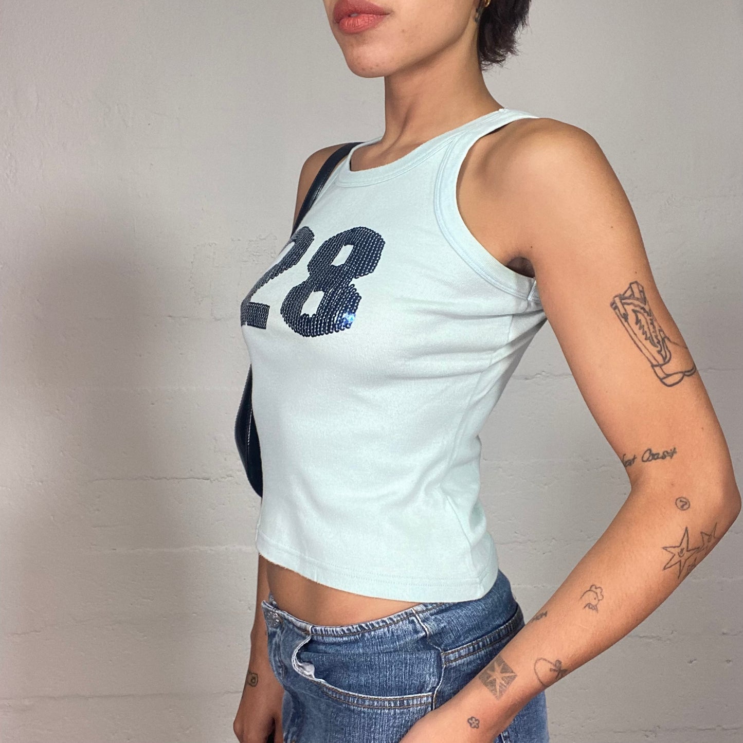 Vintage 2000's College Blue Top with "28" Sequins Print (S)