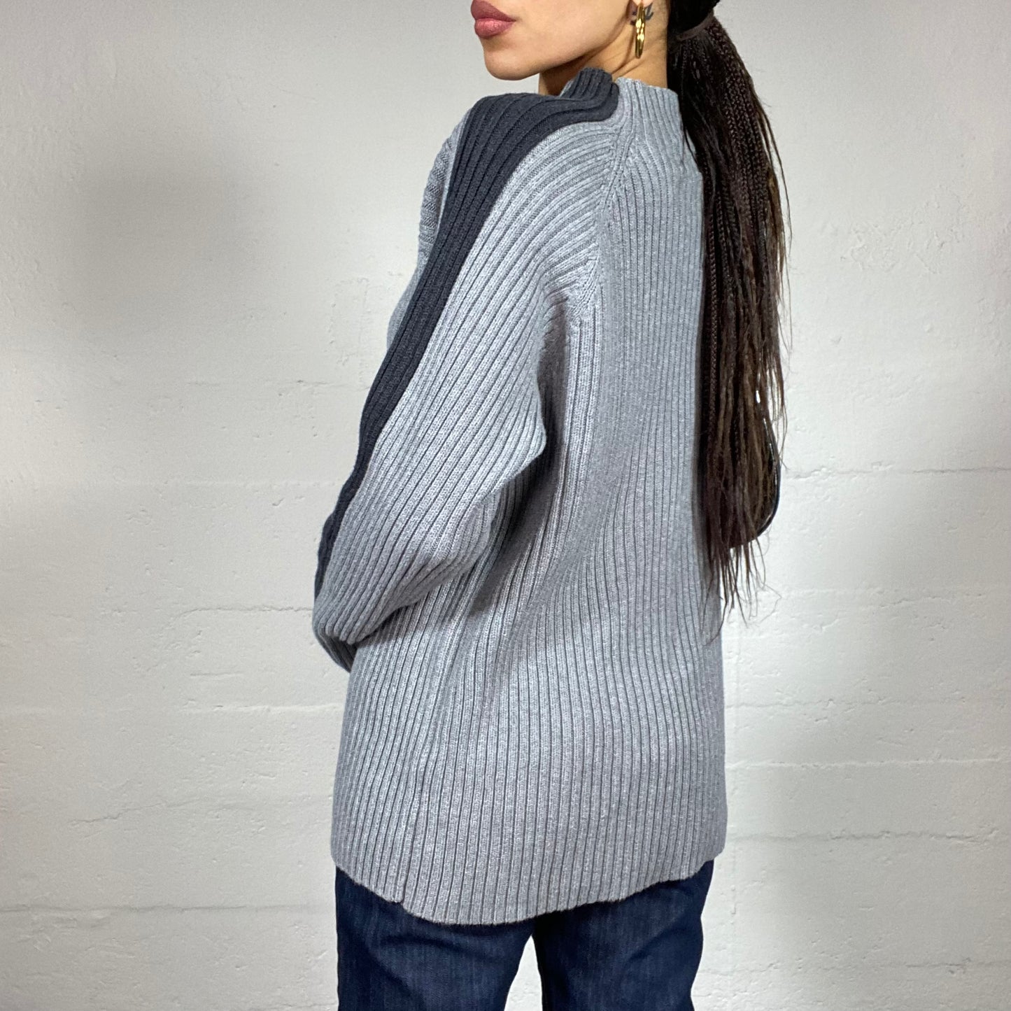 Vintage 90's Downtown Girl Grey Side Zip Up Knitted Pullover with Navy Blue Arm Trim (M)