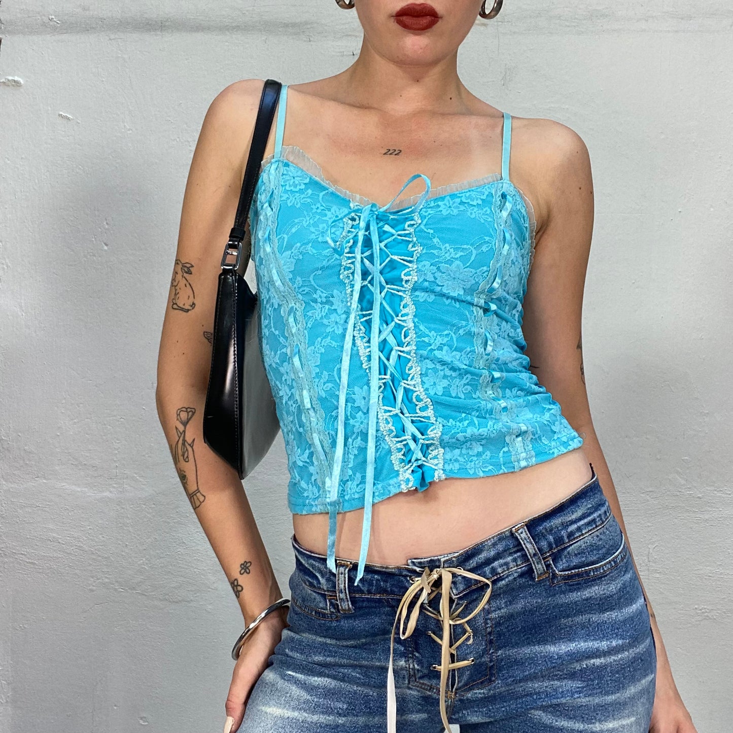 Vintage 2000's Babygirl Turquoise Corset Top with Floral Lace Embroidery and Satin Tie Detail (S)