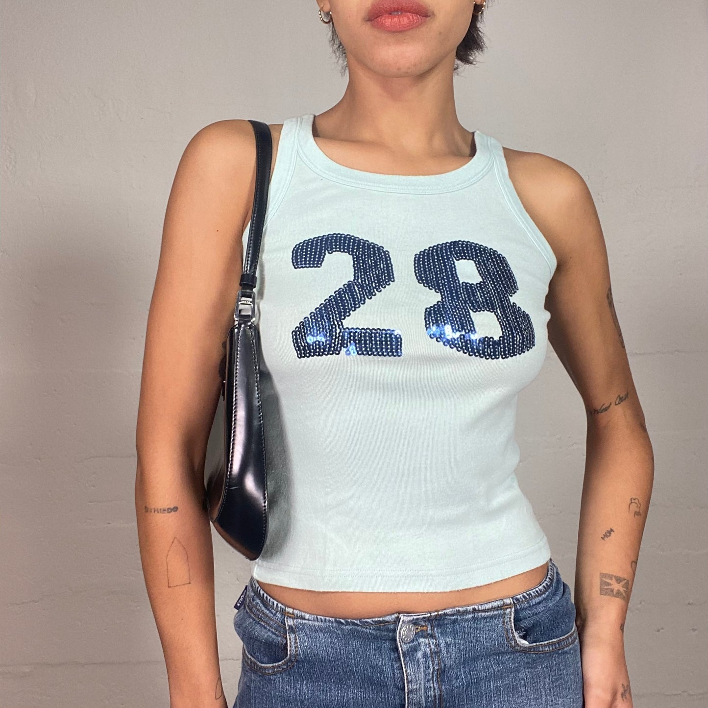 Vintage 2000's College Blue Top with "28" Sequins Print (S)