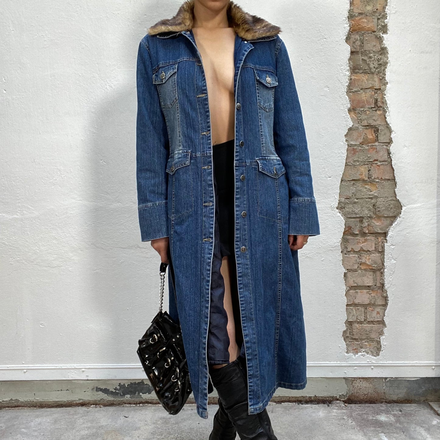 Vintage 2000's Downtown Girl Denim Maxi Coat with Faux Leo Fur Collar (M/L)