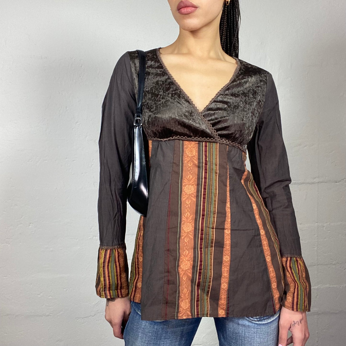 Vintage 90's Fairy Brown Longsleeve Top with Mixed Material Prints Detail (M)