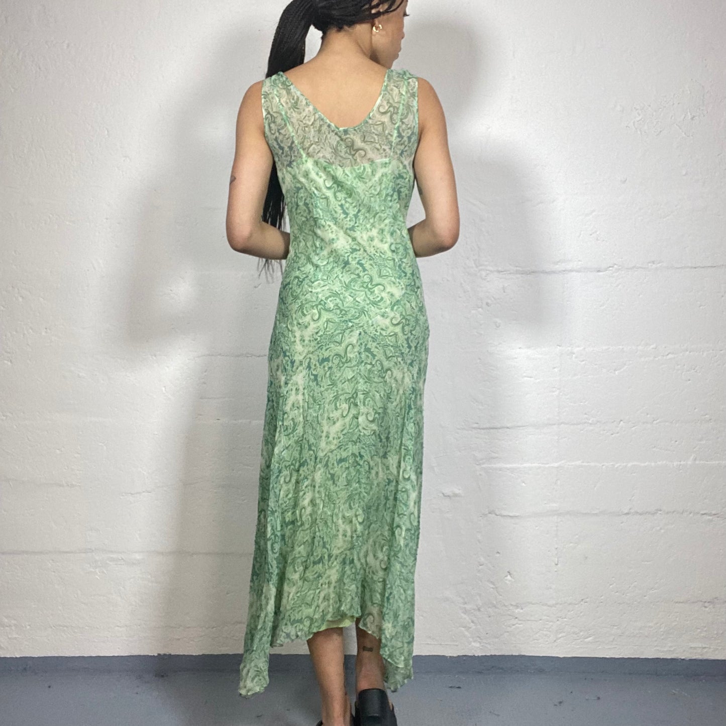 Vintage 90's Indie Mint Green Maxi Paisley Print Dress with Drapped Neckline Detail (S)