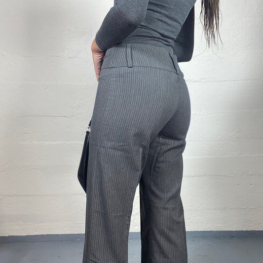 Vintage 2000's Office Grey High Waist Pants with Straight Cut and Pinestripes Print (S)