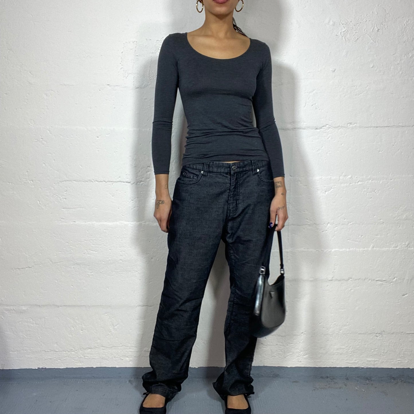 Vintage 2000's Archive Grey Low Waist Pants with Baggy Cut with Micro Stripes Denim Material (M)