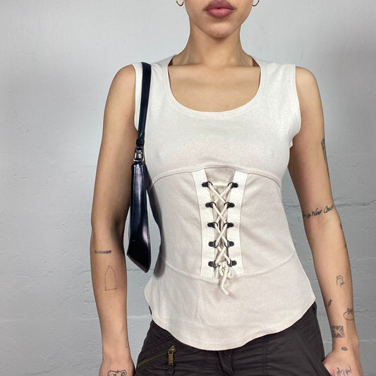 Vintage 2000's Downtown Girl Beige Top with Lace Up Corset Waist Detail (M)