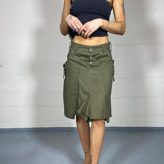 Vintage 2000's Marithé + François Girbaud Grunge Khaki Cargo Midi Skirt with Pleaded Cut (S)