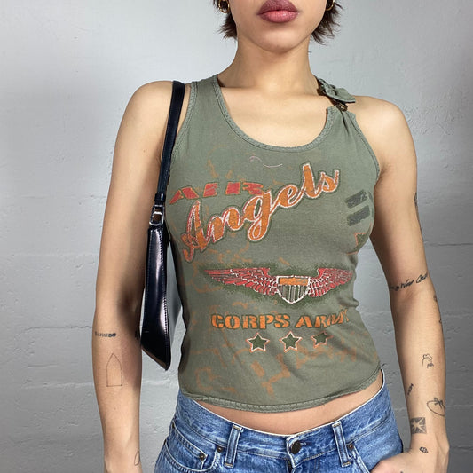 Vintage 2000's Grunge Khaki Top with Orange "Air Angels Corps Army" Print (S)