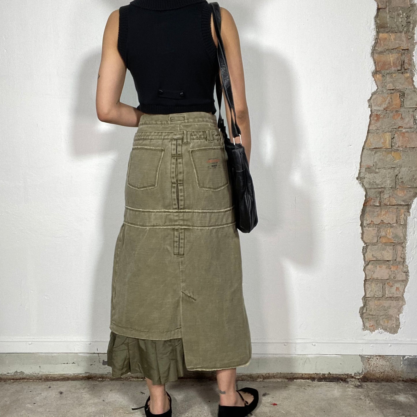 Vintage 2000's Downtown Girl Khaki Denim Maxi Skirt with Double Waist Band (S)