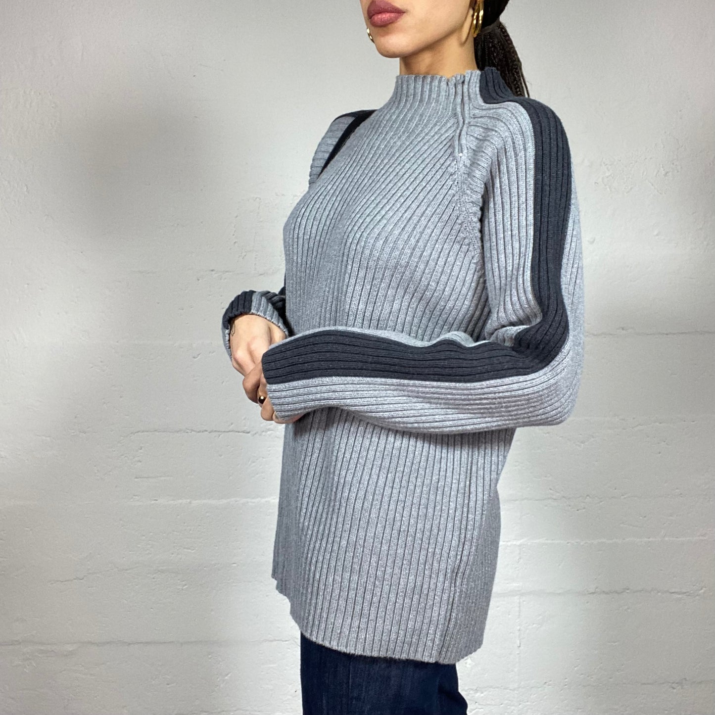 Vintage 90's Downtown Girl Grey Side Zip Up Knitted Pullover with Navy Blue Arm Trim (M)