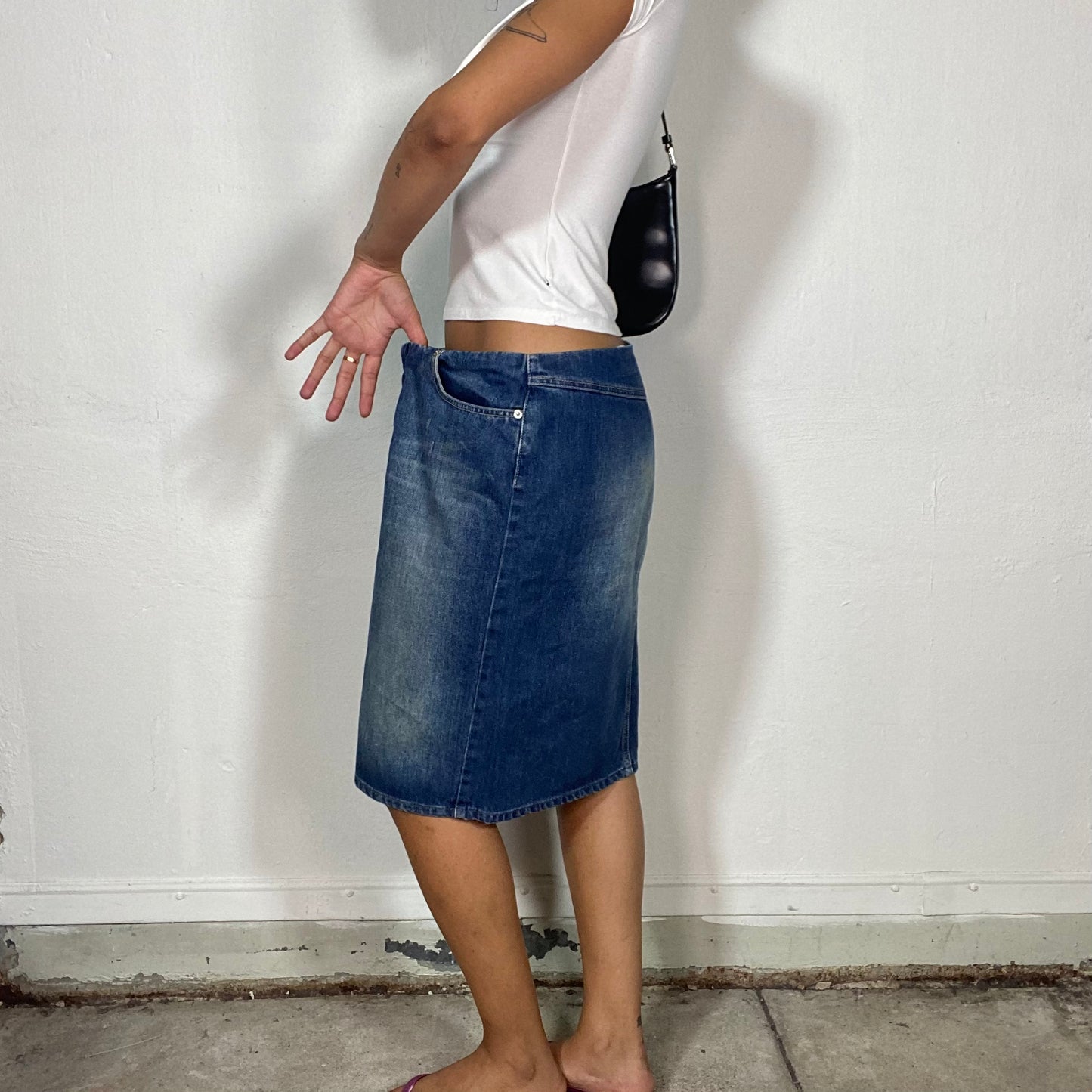 Vintage 90's Diesel Denim Midi Skirt with Washed Out Details (M)