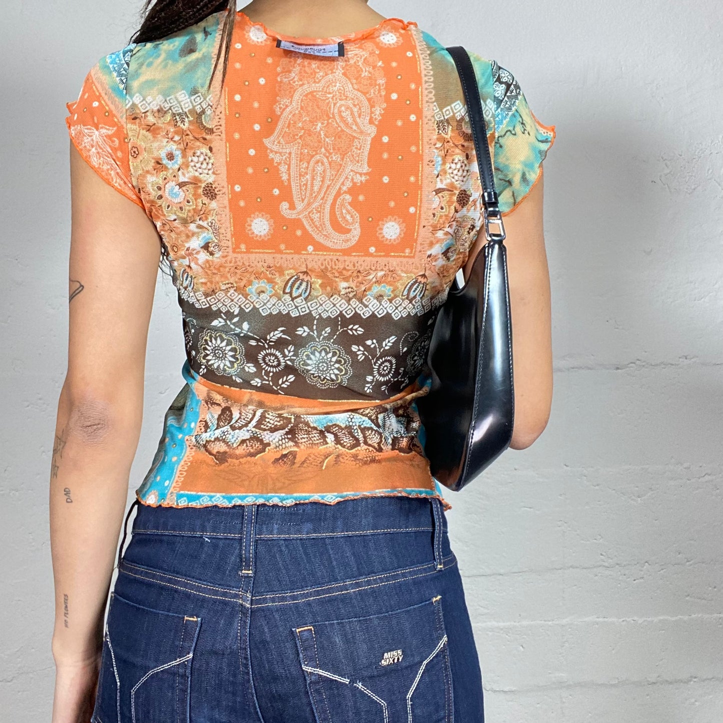 Vintage 90's Phoebe Buffay Blue and Orange Top with Mosaic and Paisley Print (S)