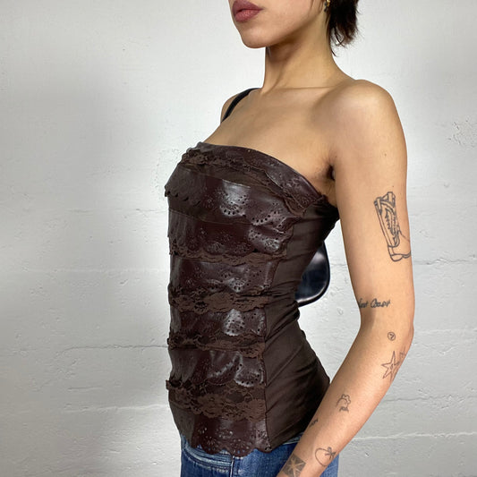 Vintage 2000's Morgan Cow-Girl Brown Strapless Volant Top with Faux Leather Material (S)