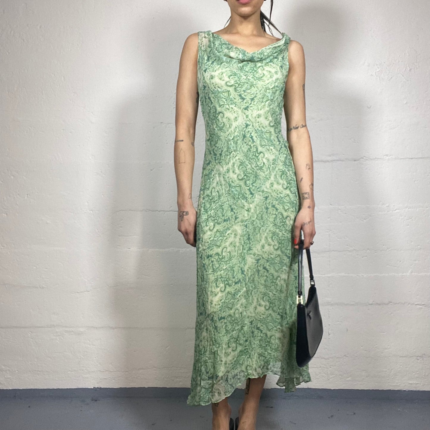 Vintage 90's Indie Mint Green Maxi Paisley Print Dress with Drapped Neckline Detail (S)