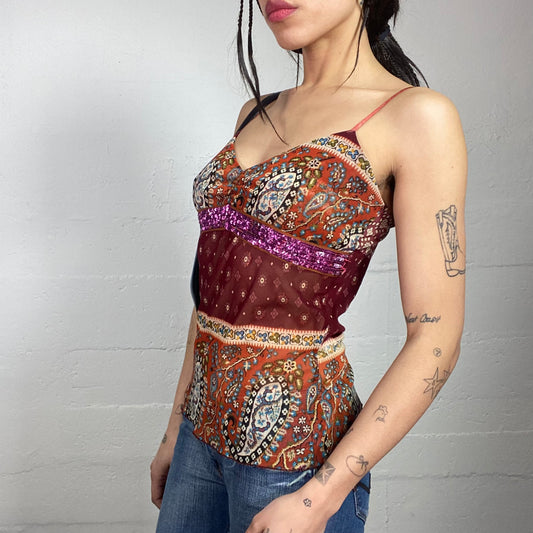 Vintage 2000's Boho Garnet Top with Pink Sequin Trim and Paisley Print (S)