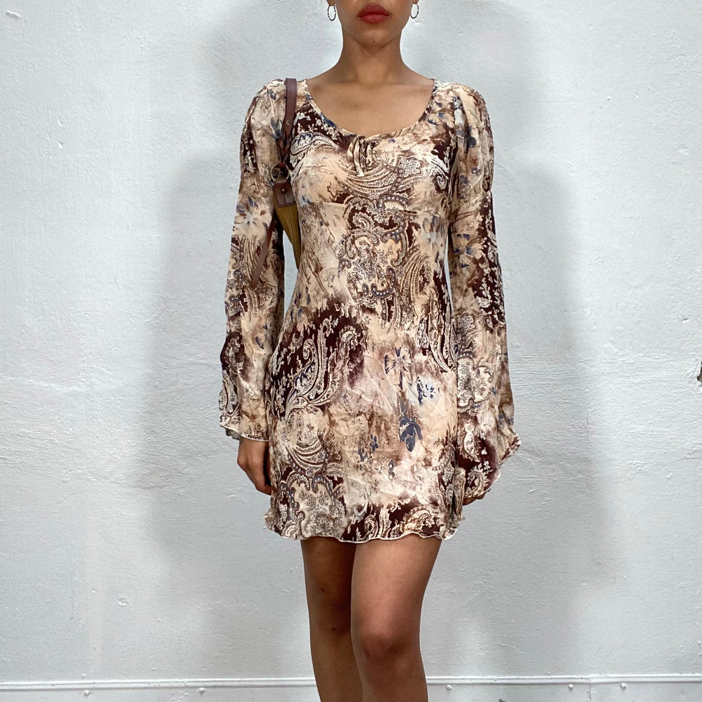 Vintage 2000's Indie Summer Beige Longsleeve Mesh Dress with Paisley Print (S/M)