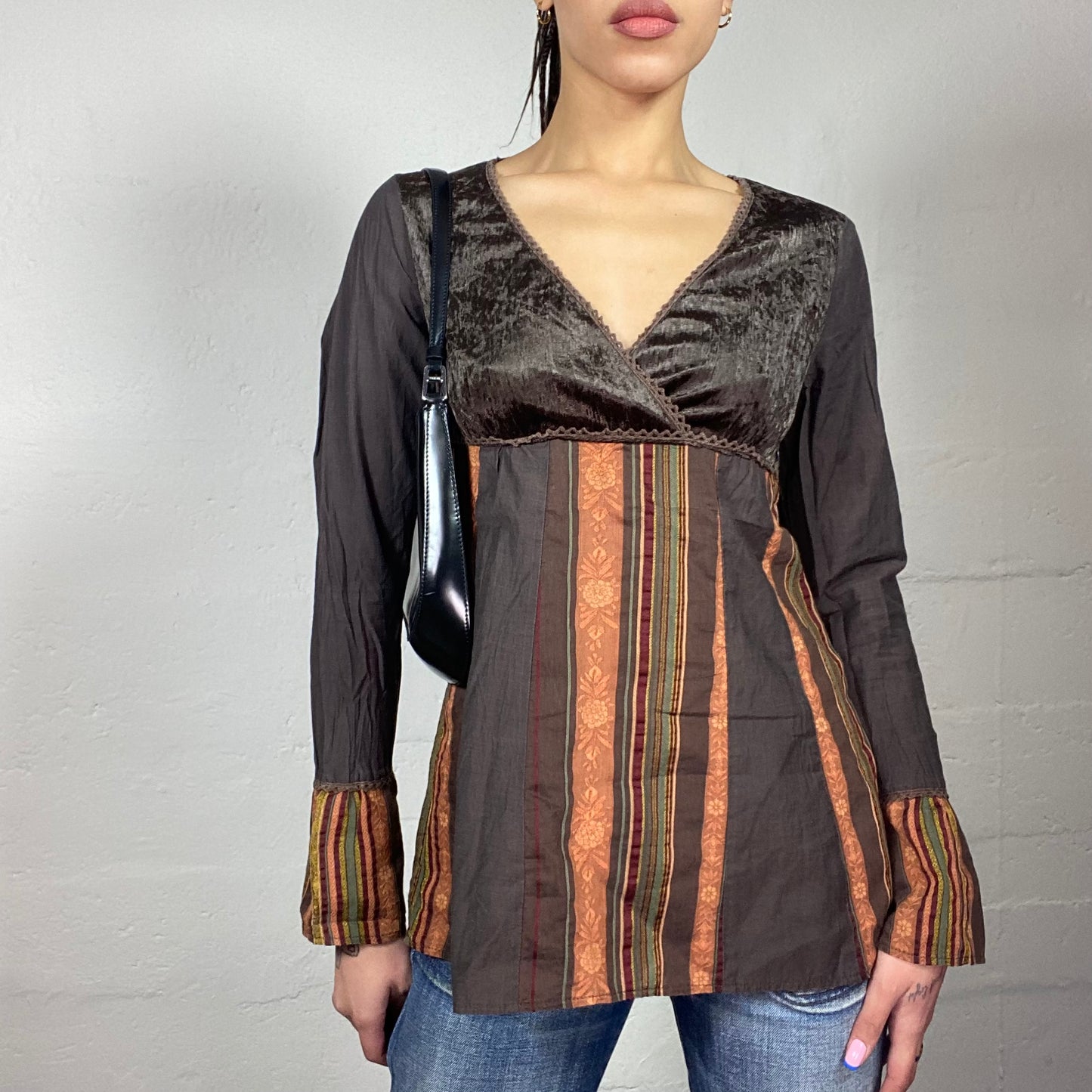 Vintage 90's Fairy Brown Longsleeve Top with Mixed Material Prints Detail (M)