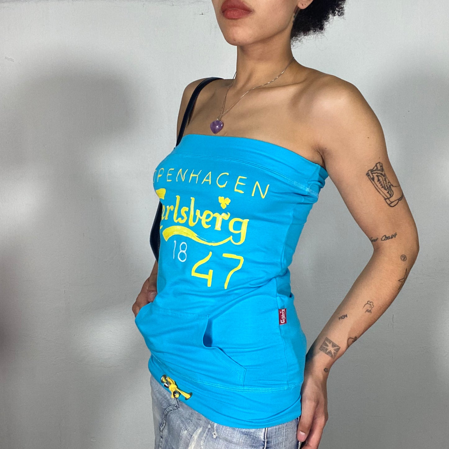 Vintage 2000's Funky Light Blue Tube Top with 'Carlsberg Copenhagen' Print (S)