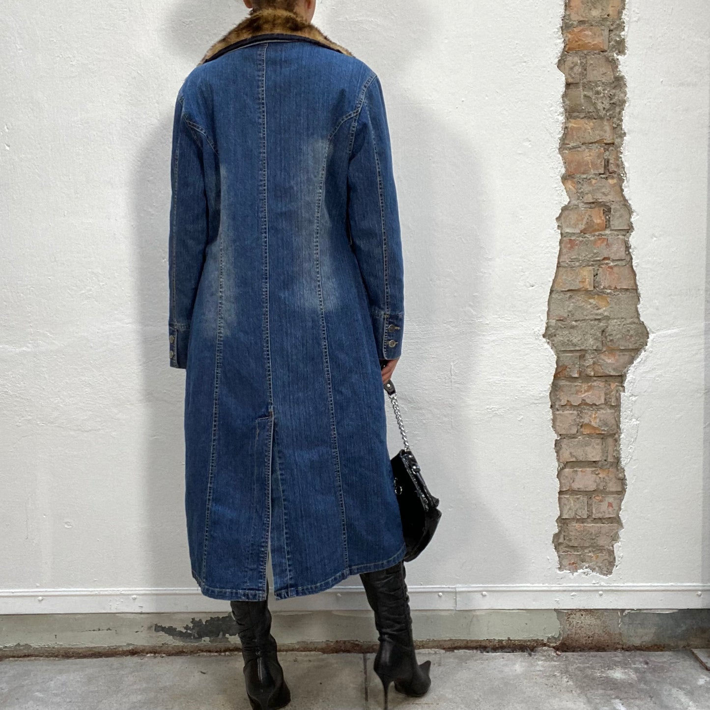 Vintage 2000's Downtown Girl Denim Maxi Coat with Faux Leo Fur Collar (M/L)