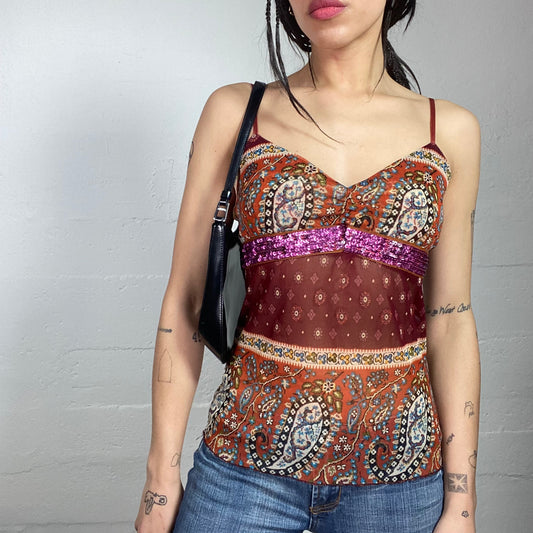 Vintage 2000's Boho Garnet Top with Pink Sequin Trim and Paisley Print (S)