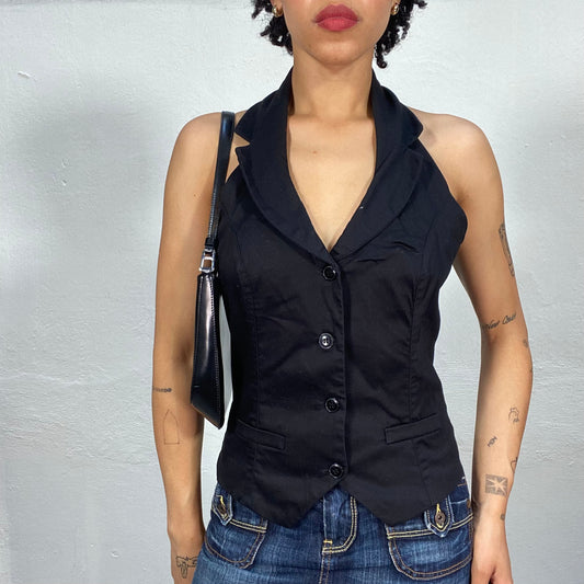 Vintage 2000's Model Off Duty Black Collared Vest Top (M)