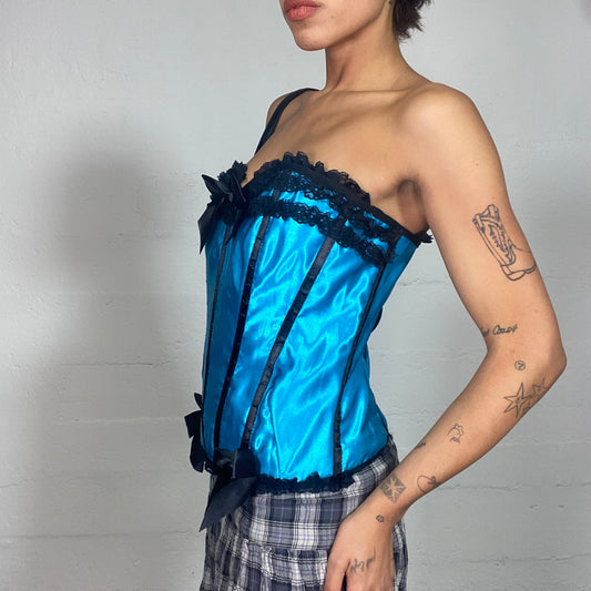 Vintage 2000's Babydoll Blue Satined Strapless Corset Top with Black Lace and Ribbon Detail (M)