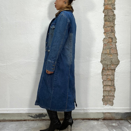 Vintage 2000's Downtown Girl Denim Maxi Coat with Faux Leo Fur Collar (M/L)