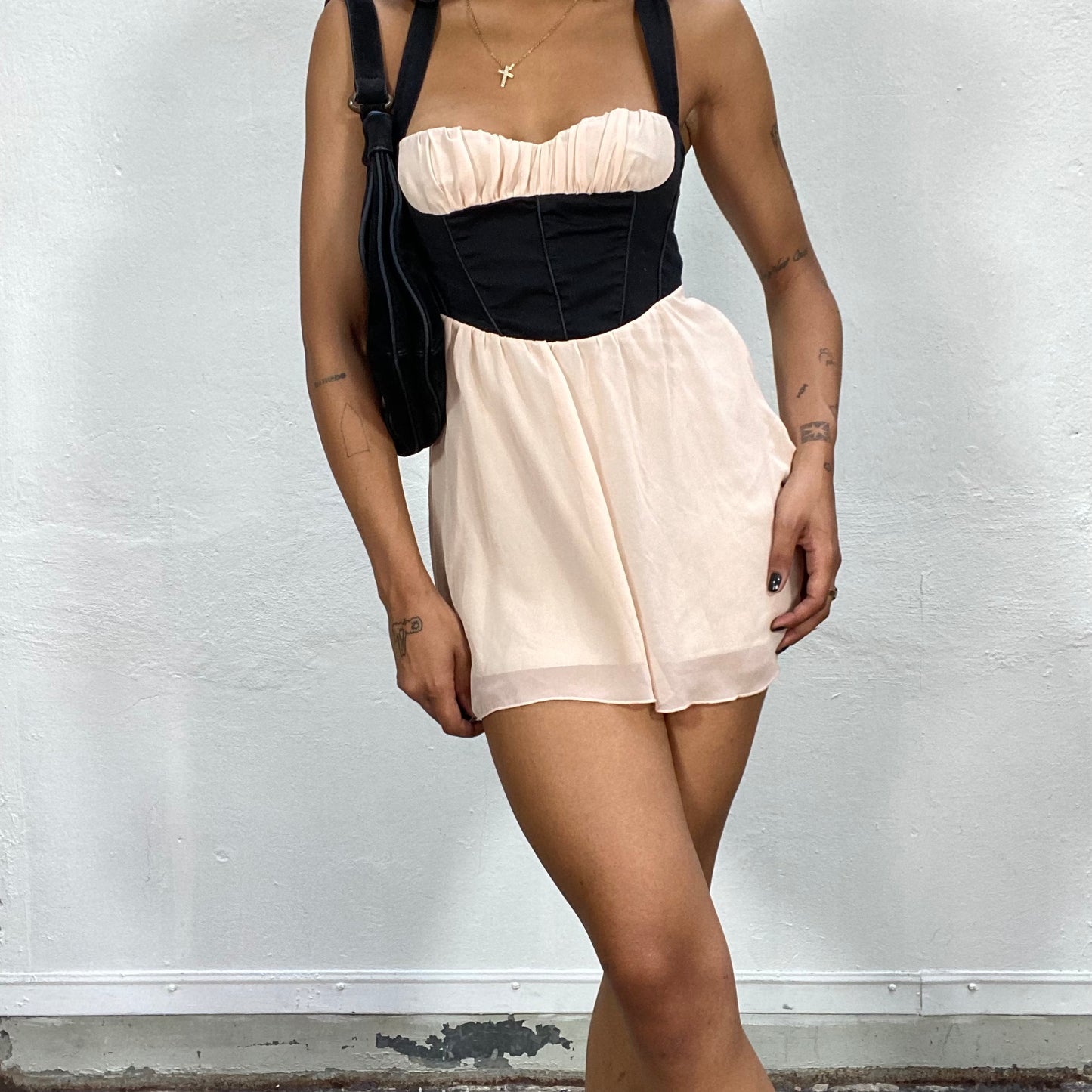 Vintage 2000's Coquette Pale Pink Bodycon Dress with Black Chest Vest (S)