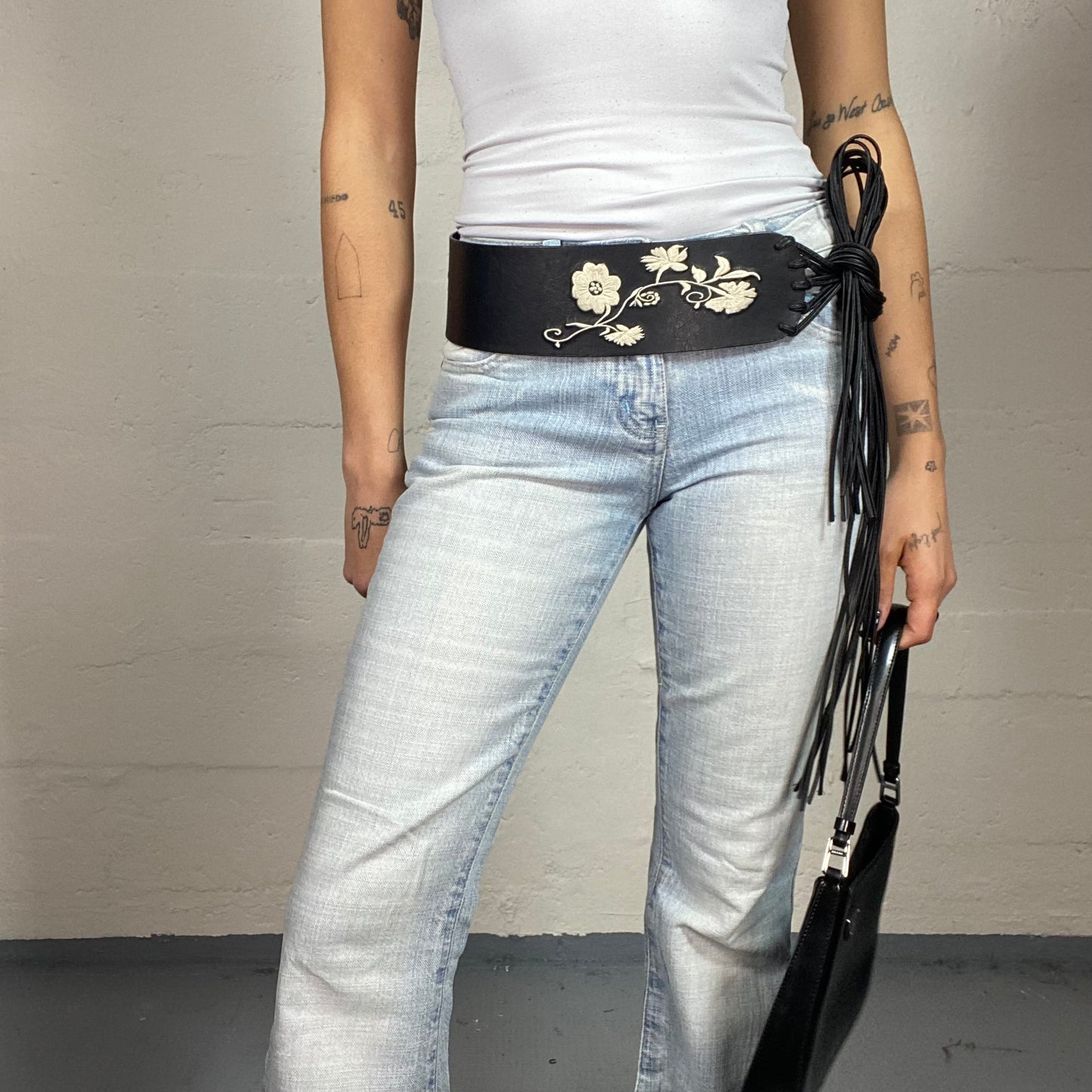 Vintage 2000's Indie Black Lace Up Belt with White Floral Print Detail