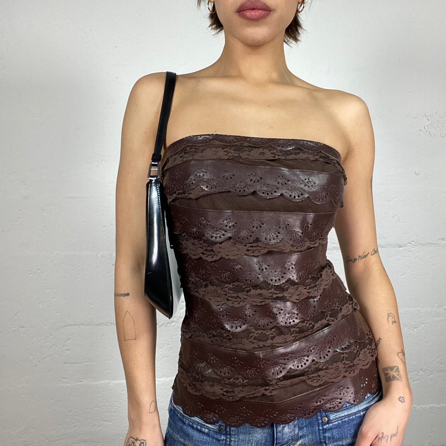 Vintage 2000's Morgan Cow-Girl Brown Strapless Volant Top with Faux Leather Material (S)