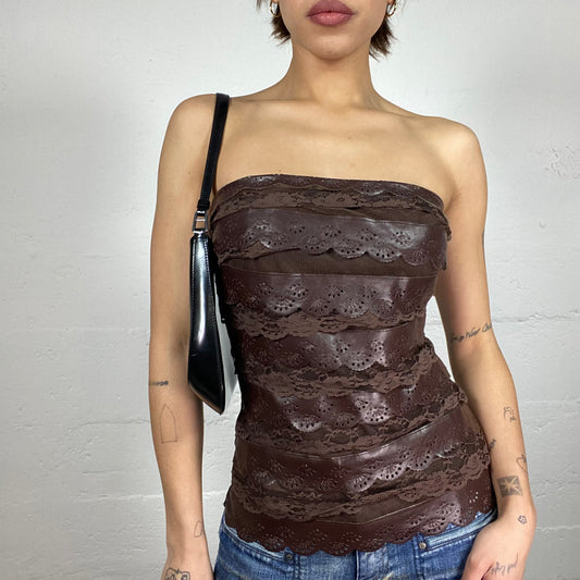 Vintage 2000's Morgan Cow-Girl Brown Strapless Volant Top with Faux Leather Material (S)