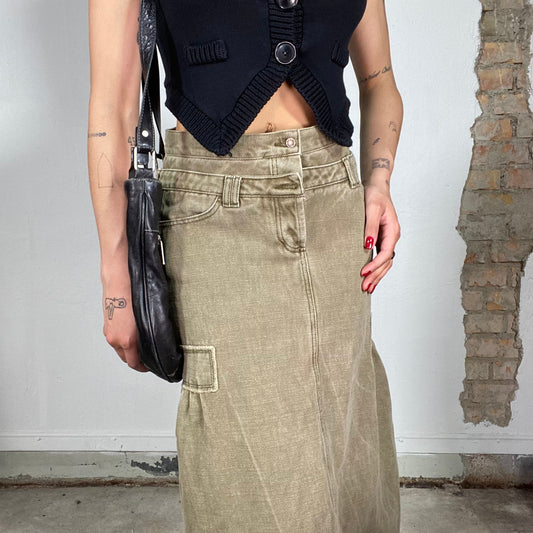 Vintage 2000's Downtown Girl Khaki Denim Maxi Skirt with Double Waist Band (S)