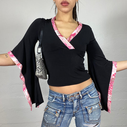 Vintage 2000's Totally Spies Black Wraped Top with Angel Sleeves with Pink Floral Print Trim (S)