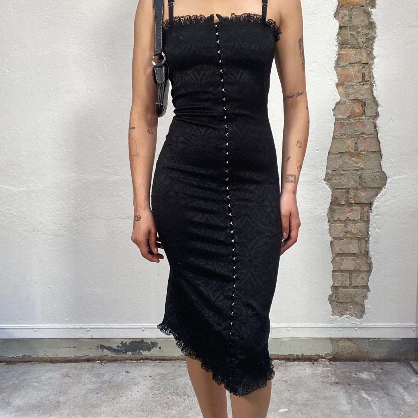 Vintage 90's Gothic Black Lace Midi Dress with Front Hook and Eye Closing (S)