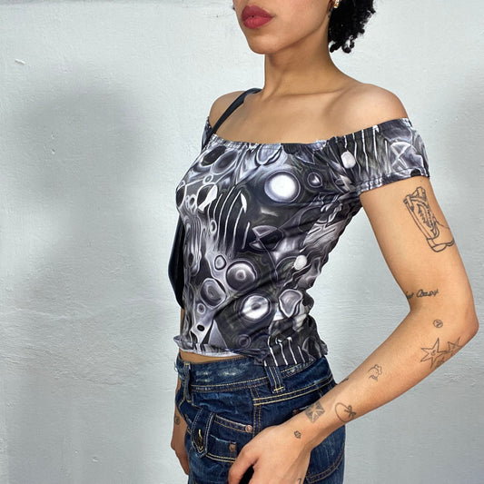 Vintage 2000's Funky Grey Shirt with Psychedelic Print (S)
