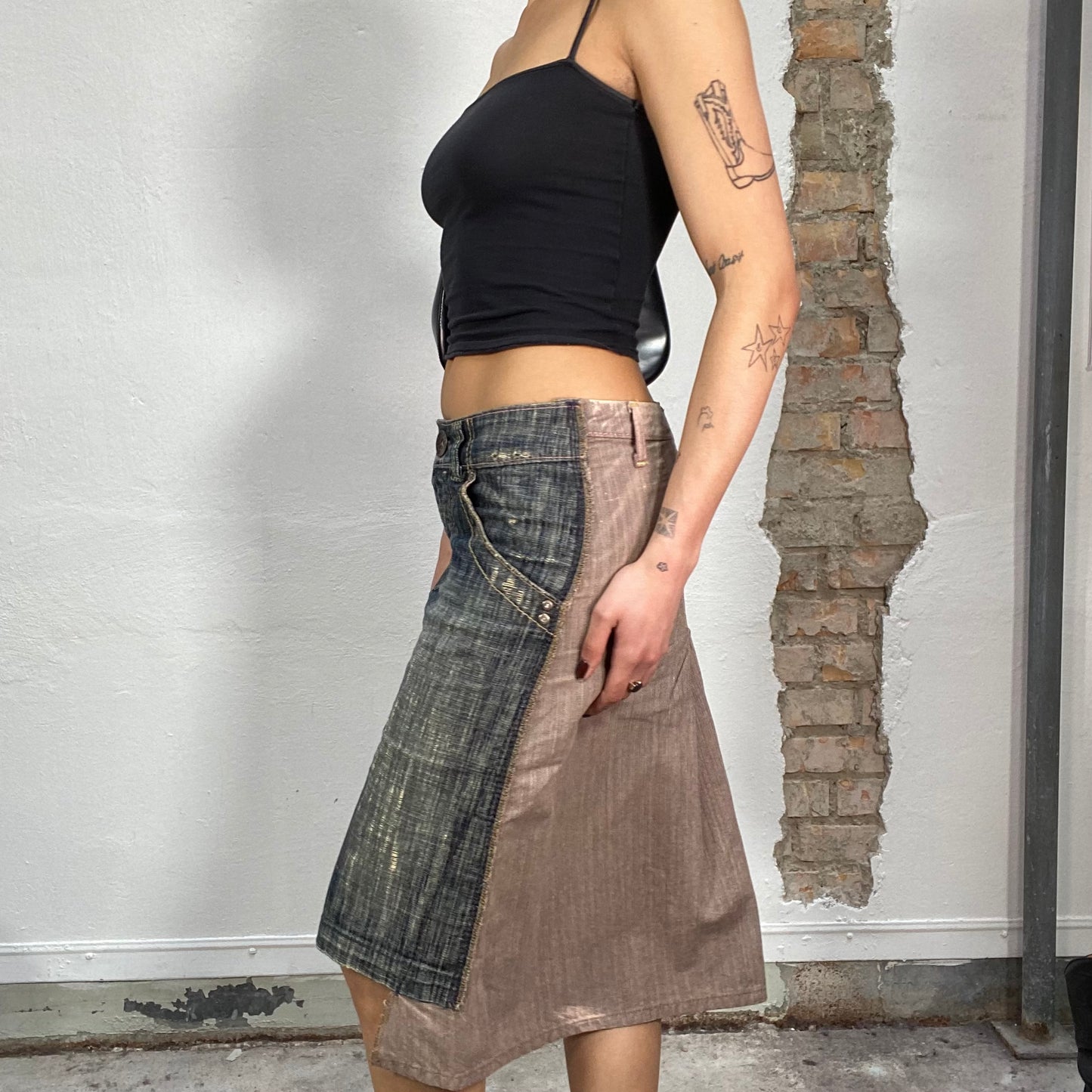 Vintage 2000's Miss Sixty Front Denim and Back Brown Midi Skirt (S/M)