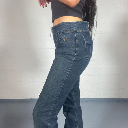 Vintage 2000's Miss Sixty Archive Rare Dark Denim Boot Leg Pants with Big Zip Detail (S)