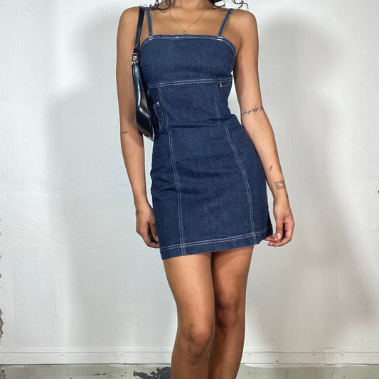 Vintage 90's Streetwear Denim Dress with Straight Cut and Pocket Detail (S)