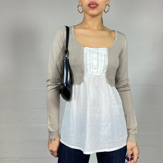 Vintage 2000's Soft Girl Beige Bolero Cardigan Top with White Blouse Under Set (S/M)