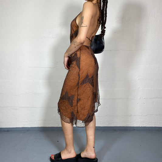 Vintage 2000's Romantic Brown Asymmetric Cut Dress with Open Back and Butterfly Embroidery Print (S)