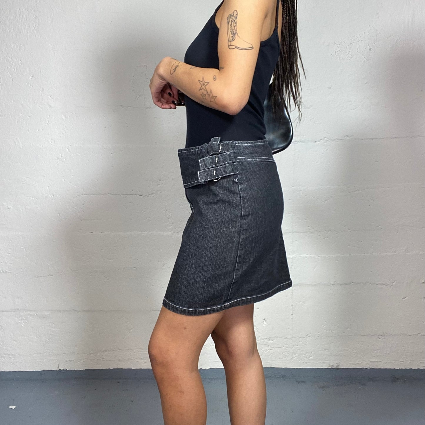 Vintage 2000's Elite Cyber Grey Washed Denim Midi Skirt with Red Embroidered Logo and Side Belt Detail (M)