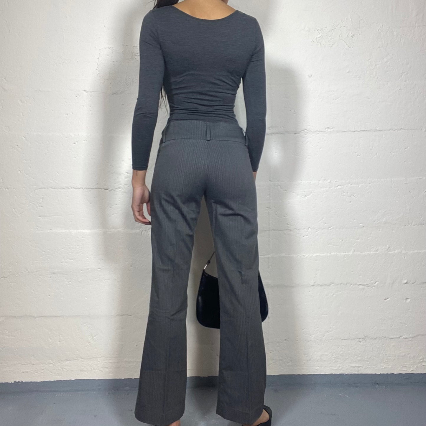 Vintage 2000's Office Grey High Waist Pants with Straight Cut and Pinestripes Print (S)