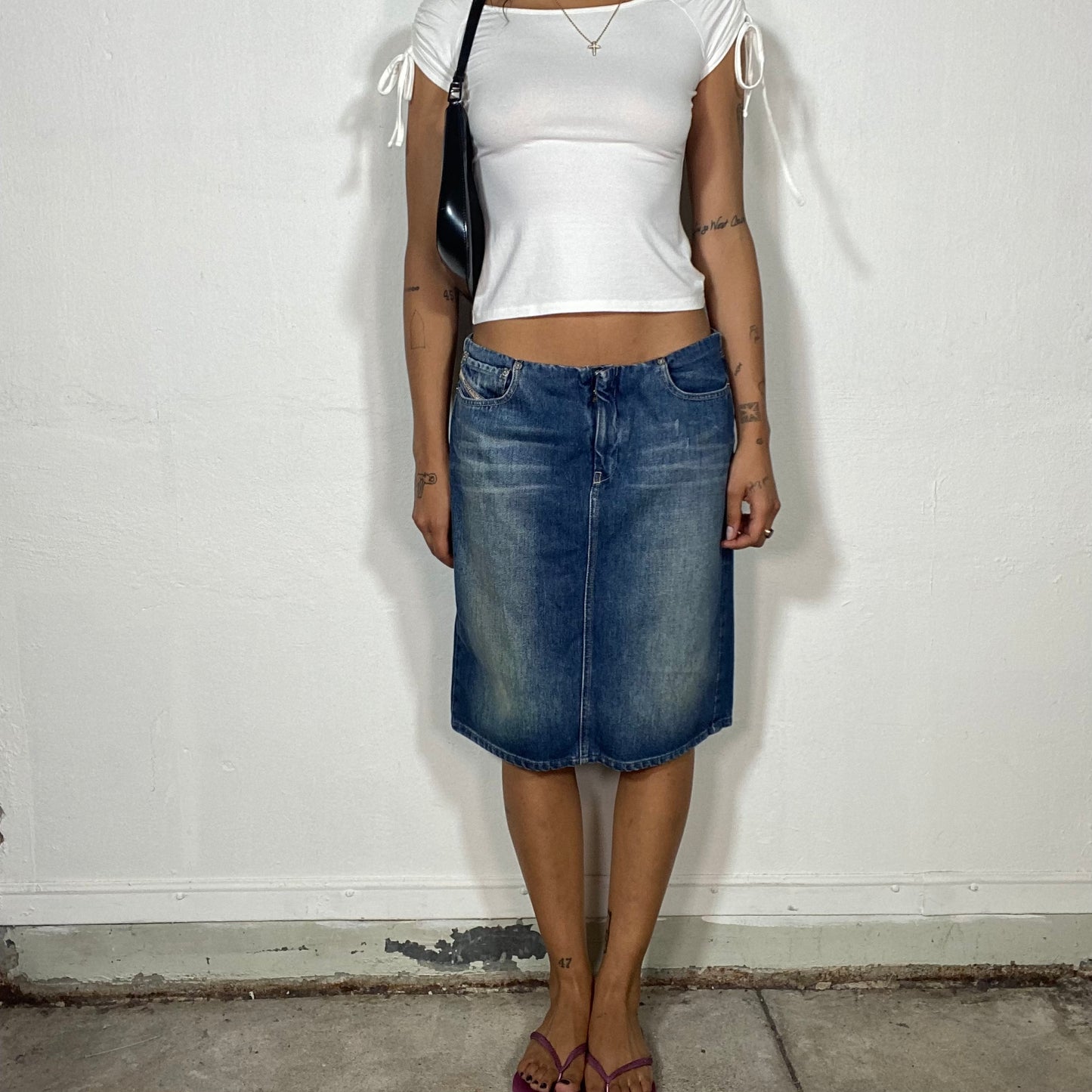 Vintage 90's Diesel Denim Midi Skirt with Washed Out Details (M)