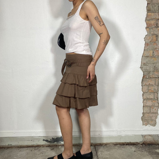 Vintage 2000's Hippie Brown Layered Midi Skirt with Belt (M)