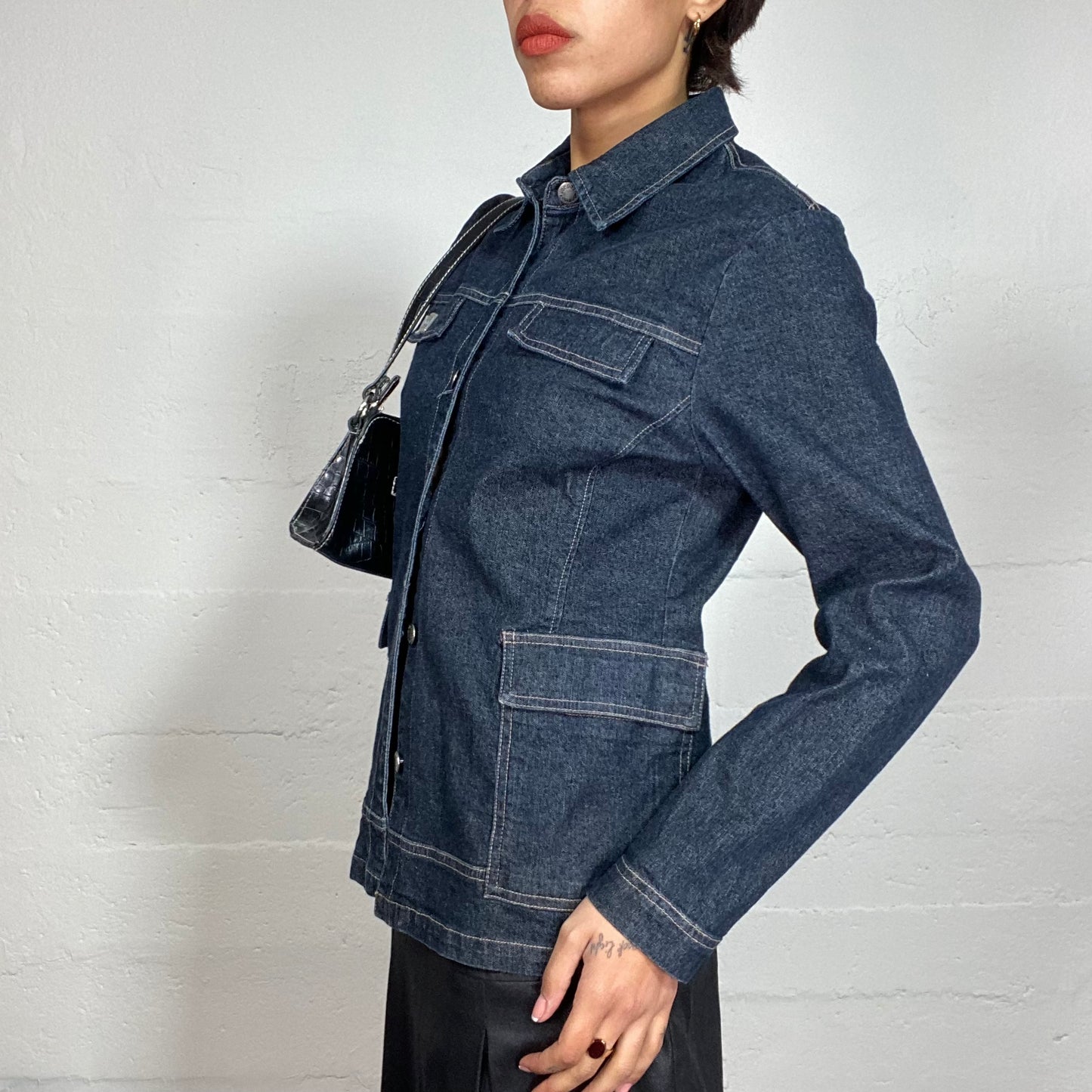 Vintage 2000's Downtown Girl Dark Denim Work Jacket with Pocket Details (S)