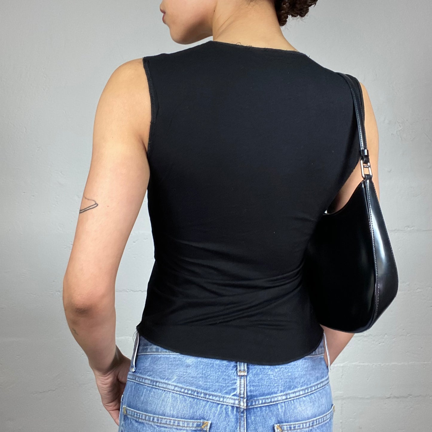 Vintage 2000's Downtown Girl Black Top with Glitter Butterfly Print Detail (S)