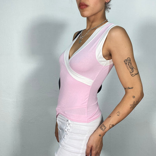 Vintage 2000's Soft Girl Baby Pink V-Neck Tank Top with White Trim (S)