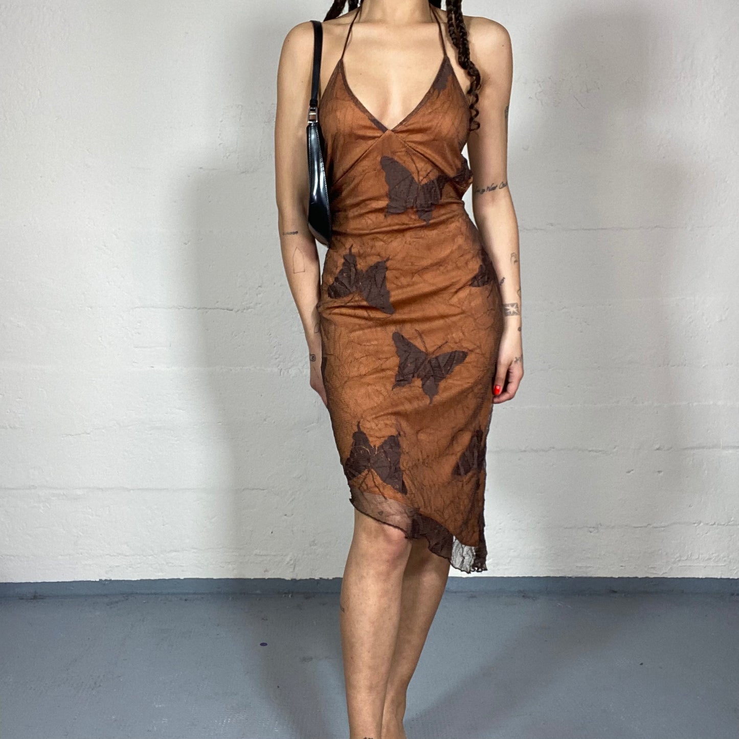 Vintage 2000's Romantic Brown Asymmetric Cut Dress with Open Back and Butterfly Embroidery Print (S)