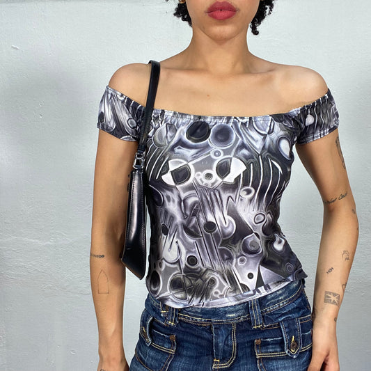 Vintage 2000's Funky Grey Shirt with Psychedelic Print (S)