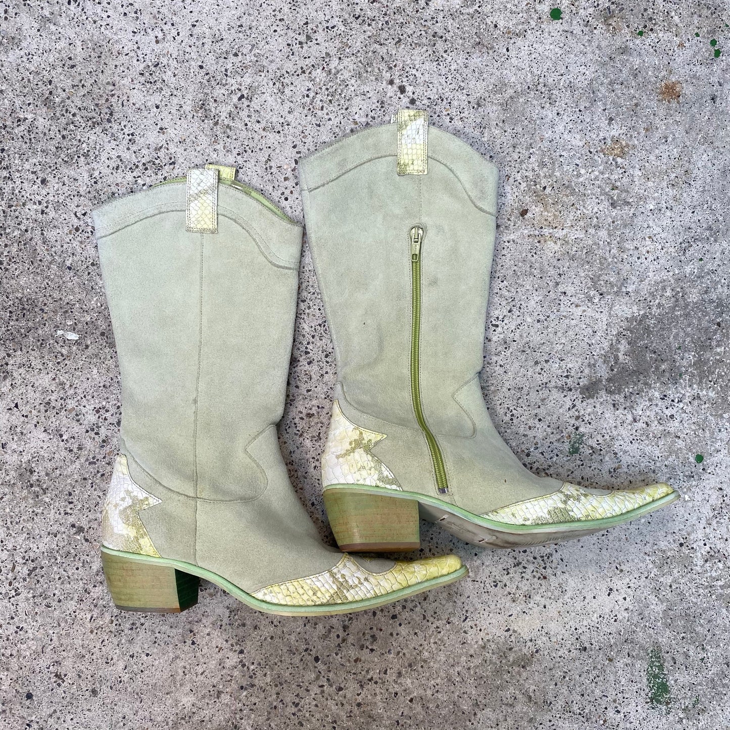 Vintage 2000's Funky Green Suede and Snake Leather Cowboy Boots (38)